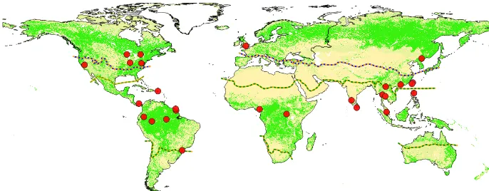 Figure 1. Geographical distribution of the 30 study sites (red points) included in the present study, relative to the global distribution of forest(green) from GLOBCOVER2009 (Bontemps et al., 2011), and the boundaries between temperate and subtropical area