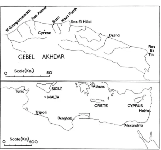 Fig. 1. Maps showing the area examined in 1962 (above) and its setting in the  eastern Mediterranean (beiow)