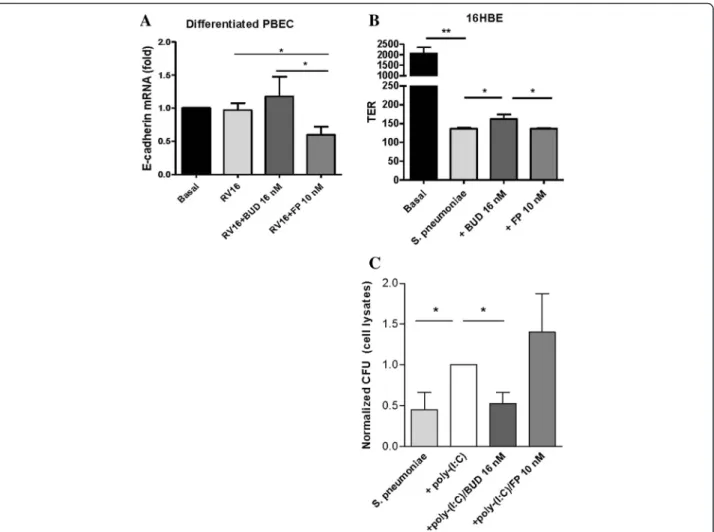 Fig. 7 Effects of equivalent concentrations of budesonide ( BUD) and fluticasone propionate (FP) pre-treatment on rhinovirus (RV16)-exposed primary mucociliary epithelium and Streptococcus pneumonia-exposed 16HBE cells