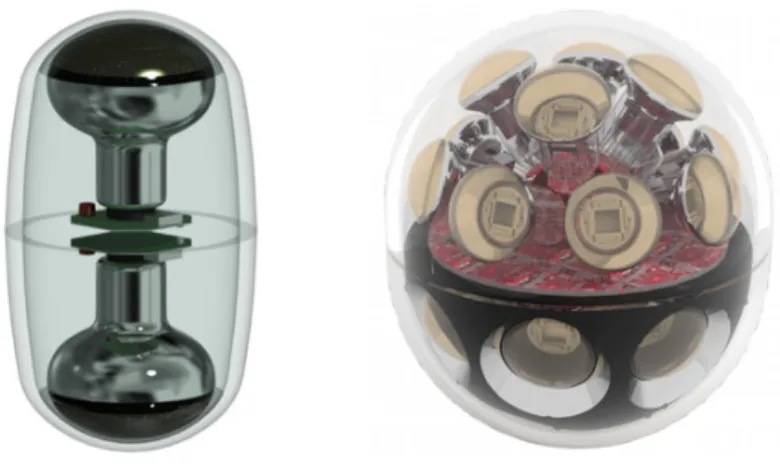 Figure 1. Renderings of the D-Egg (left, taken from [ 4 ]) and mDOM (right) concepts for IceCube-Gen2
