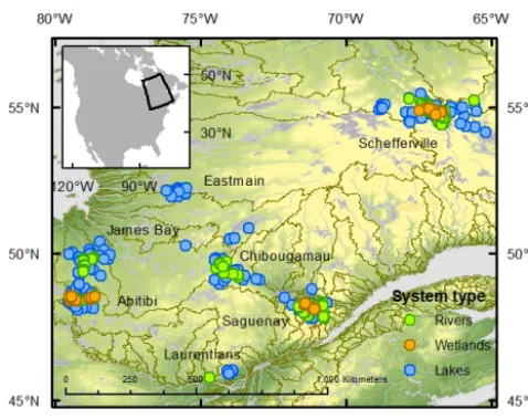 Figure 1. Distribution of the sampling sites across seven boreal re-gions (James Bay, Abitibi, Laurentians, Saguenay, Chibougamau,Schefferville) of Quebec, Canada