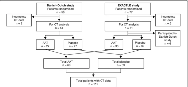 Figure 1 Patient disposition by treatment (patients providing CT data). AAT: alpha-1 antitrypsin; EXACTLE: Exacerbations and Computed Tomography scan as Lung Endpoints.