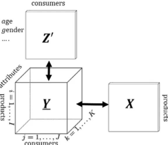 Fig. 6. An L-shaped data structure with a three-way array consumer data Y. X has common rows with Y first mode and Z 0 has common columns with Y second mode.