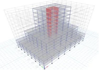 Figure 4: 3D view of Dual step Irregular structure From the Figure 4 the vertically irregular RC building whose plan dimension is 40m X 28m