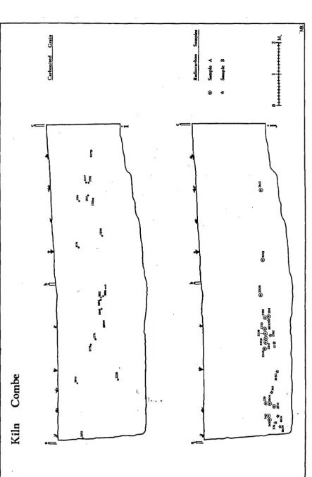 Fig. 16. Kiln Combe. (i) Distribution of carbonised grain.Cj) Distribution of charcoals identified and submitted for radiocarbon dating
