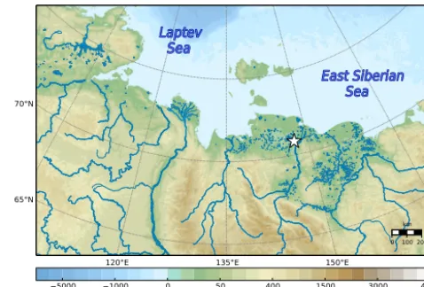 Figure 1. Elevation map of northeastern Siberia. Location of thevalidation site is marked with a white star