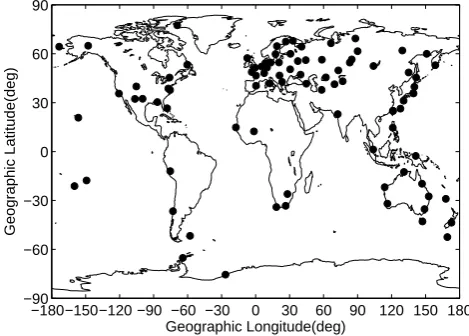 Fig. 1. Global distribution of the stations used for the present mod-elling study.