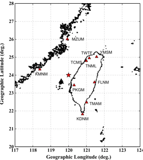 Fig. 1. GPS receivers in the Taiwan area. Red triangles and red stardenote the locations of GPS receivers and the place where the TECmodels are constructed (24 N 120 E), respectively.