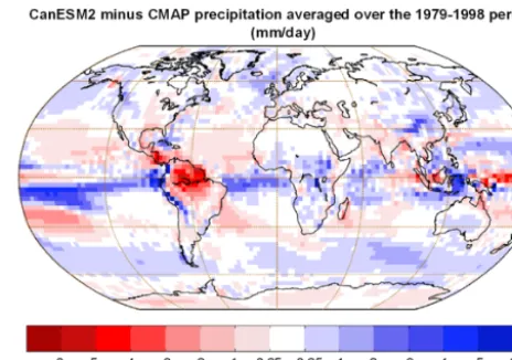 Figure 8. Difference between CanESM2 and observation-basedprecipitation estimates from CPC Merged Analysis of Precipitation(CMAP) based on Xie and Arkin (1997) averaged over the 1979–1998 period.