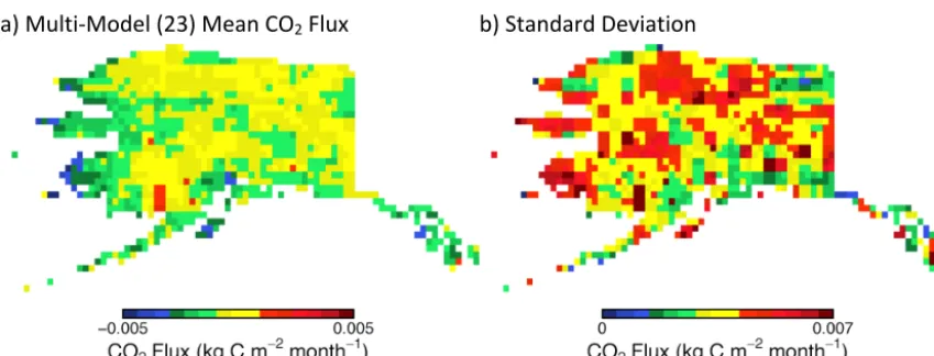 Figure 3.      947  NACP and TRENDY multi-model (Figure 3. NACP and TRENDY multi-model (n=23) net COn = 23) net CO2 ﬂux for 2003 (a) mean, and flux for 2003 a) mean, and b)  (b) standard deviation.