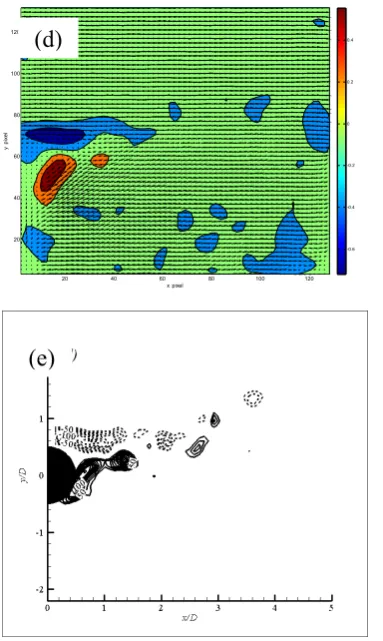 Figure 10 Vorticity distribution, obtained using (a) 1 (b) 2 (c) 4 (d) 10 modes in the reconstruction; and (e) from PIV data