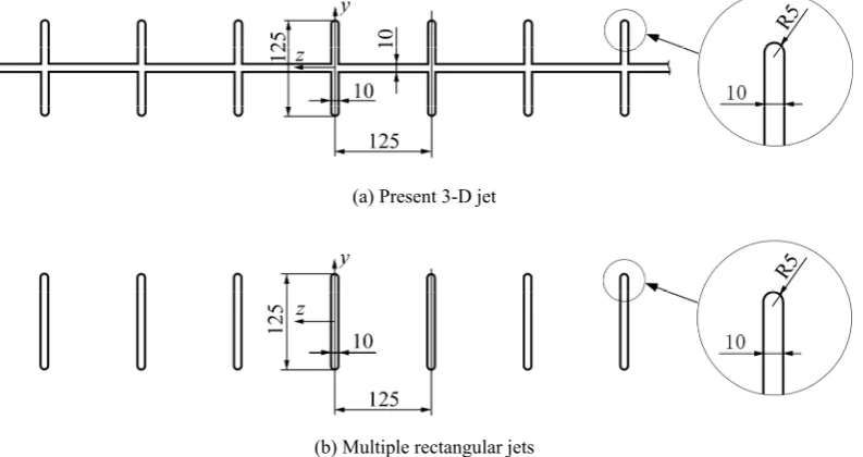 Fig. 2. Comparison of the nozzle exit shape between the present 3-D jet and the multiple rectangular jets