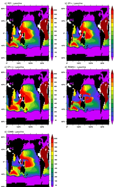 Figure 7. (a) Projected global export of POC from the upper 100 mof the ocean. (b) Projected global export of PIC from the upper100 m of the ocean.