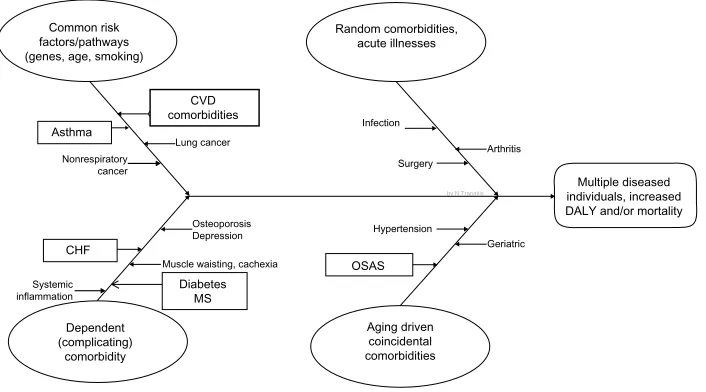 Figure 2 Cause-effect diagram shows the four different ways in which other abnormalities may be linked with COPD, presented in the same individual, the so-called multidiseased COPD patient, and leading in increase morbidity and mortality