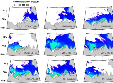 Figure 13. Satellite-derived DOC concentrations in the surface layer for selected MODIS Aqua satellite data recorded in 2009 (top), 2010(middle), and 2011 (bottom).