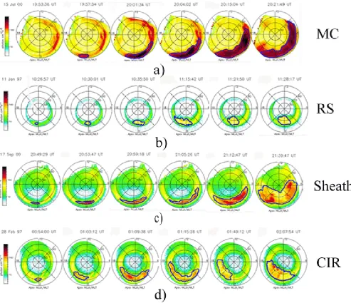 Fig. 3. Examples of substorm development by Polar UVI data during the passage of different solar wind structures: magnetic cloud (a),recurrent stream (b), Sheath (c) and CIR (d)