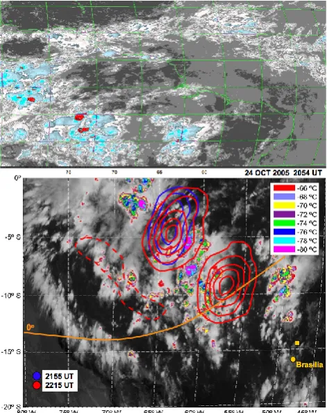 Fig. 3. GOES 12 convection observed in the IR channel at 20:54 UTon 24 October 2005. Cloud top temperatures are color coded, withsolid (dashed) contours showing positive (negative) zonal GW mo-mentum ﬂux magnitudes at 200 km altitude at 21:55 and 22:15 UT(