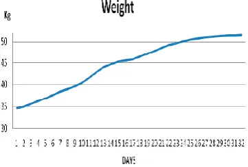 Figure 6.Average evolution of the weight (kg) of four beehives over 32 days. 