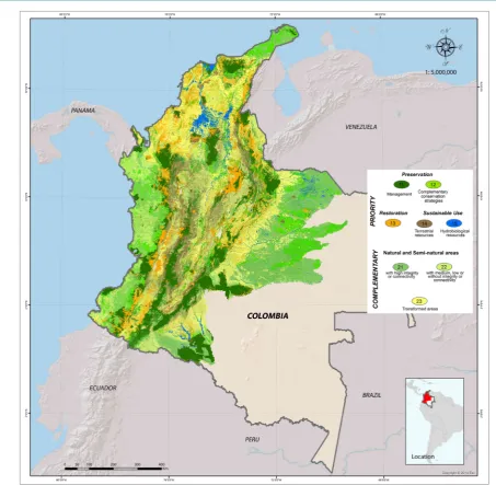 Figure 7. Conservation strategies for prioritized and complementary areas for 60% of the emerged territory of Colombia