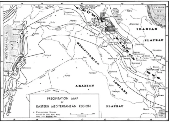 Fig. 1. Map of eastern Mediterranean region showing how precipitation is controlled by elevation  and by proximity to the Mediteranean Sea