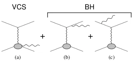 Figure 2. (a): The DVCS process, (b) and (c) Bethe-Heitler process diagrams