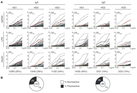 Figure 2Polyreactivity of intestinal IgA and IgG plasmablast antibodies. IgA and IgG plasma cell antibodies from HD1–HD3 (solid lines) were tested for polyreactivity with dsDNA, ssDNA, insulin, and LPS by ELISA in at least 3 independent experiments