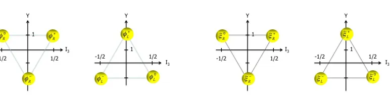 Figure 1. SU(3) quantum number assignments for bosonic (charged (moving negatively charged (and left-handed leptonic ﬁelds,positively charged (φ) and fermionic (ξ) excitations