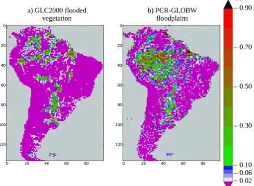 Fig. 1. Fraction of total grid cell at 0.5◦ resolution (unitless) covered by (a) ﬂooded vegetation as deﬁned by GLC2000 and (b) ﬂoodplaingiven by PCR-GLOBWB (mean annual value over 1979–2009 of ﬂdfmean)