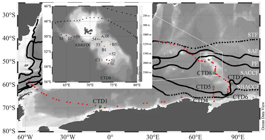 Fig. 1. Map of the study area in the Atlantic and Indian sectors of the Southern Ocean