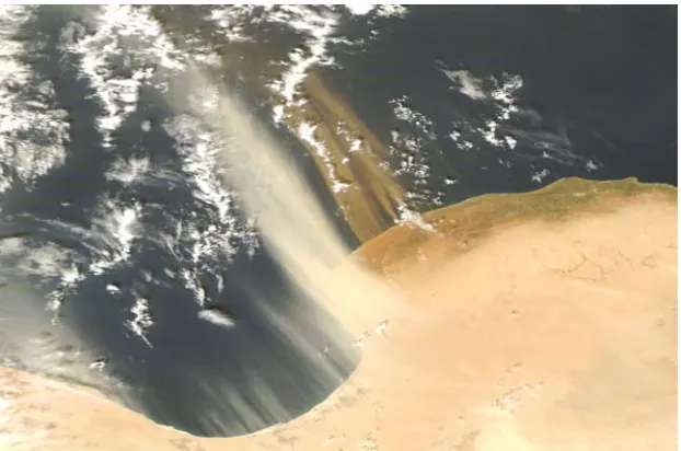 Figure 3. This image of two different-coloured dust plumes blowing northward off the coast of Libya was captured by MODIS on 26 October 2007 (adopted from http://earthobservatory.nasa.gov/ Newsroom/NewImages /images.php3?img_id=178175)