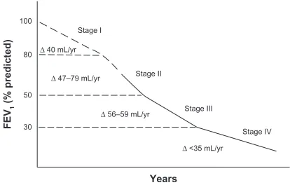 Figure 3 Range of average rate of decline of FEV1 in patients with chronic obstructive pulmonary disease according to severity of airflow obstruction