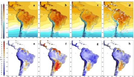 Figure 2. DJF mean maximum temperature (˚C) simulated by the downscaling: (a) Eta-HadGEM2-ES; (b) Eta-BESM; (c) Eta-MIROC5; and (d) Ensemble mean