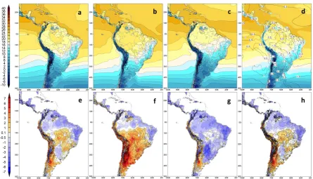 Figure 4. DJF mean minimum temperature (˚C) simulated by the downscaling: (a) Eta-HadGEM2-ES; (b) Eta-BESM; (c) Eta-MIROC5; and (d) Ensemble mean