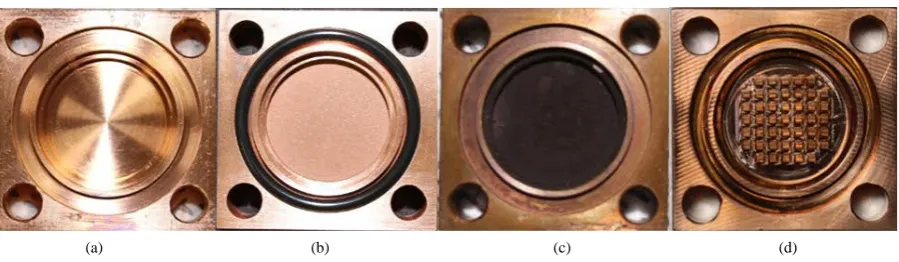 Figure 2. Heat transfer surfaces of evaporator. (a) Smooth; (b) Blasted; (c) Copper-plated; (d) Finned