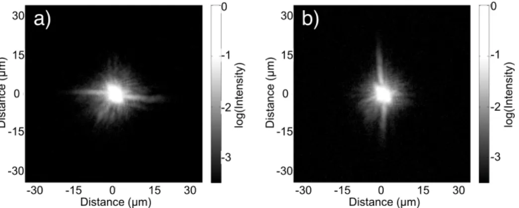 Figure 4.4. Real space image of the reflection of the photonic-crystal slab, when illuminated at a wavelength of 762.5 nm, on a logarithmic scale, for horizontally (a) and vertically (b) polarized illumination