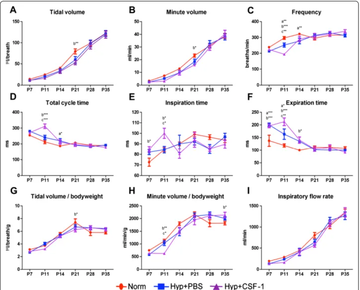 Figure 3 Lung function of mice treated with CSF-1 following hyperoxia exposure. Plethysmography assessment of lung function parameters - tidal volume (A), minute volume (B), frequency (C), total cycle time (D), inspiration time (E), expiration time (F), ti