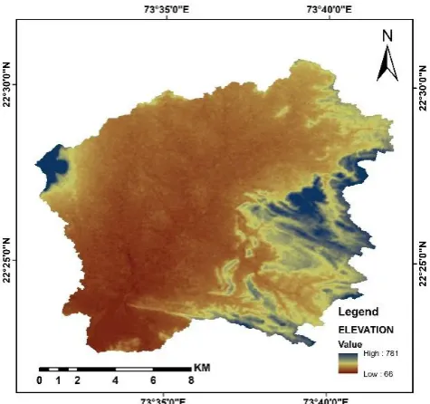 Fig. 2. Digital Elevation Model of Deo River Sub-basin Landsat-8 (Land Satellite 8) image is used to prepare Land 