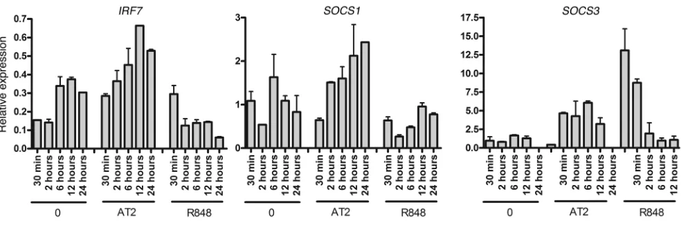 Figure 7SOCS1 and SOCS3 are not inhibited by HIV. mRNA expression of IRF7, SOCS1, and SOCS3 in pDCs exposed to AT-2 HIV or R848 is shown