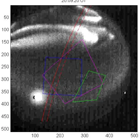 Fig. 3.The FMI camera image at 20:09:20 UT. Colour framesshow projections of ALIS camera ﬁelds of view at 110 km