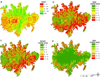 Fig. 2.600  Spatial distribution of different measures of topographic exposure to wind of the forest across Barro Colorado Island (BCI); these include: (a) topex, (b) total visible area, (c) terrain visible area and (d) lake visible area.