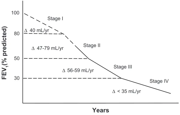 Figure 2 Range of average rate of decline in the forced expiratory volume in the first second (FEV1) of chronic obstructive pulmonary disease patients according to initial severity of airflow reduction.
