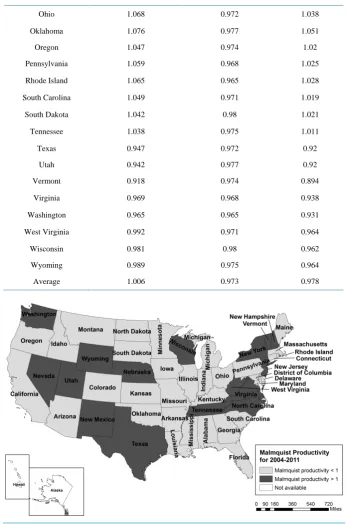 Figure 4. Geographic representation of average Malmquist productivity for 2004-2011 by state in the rail transportation industry