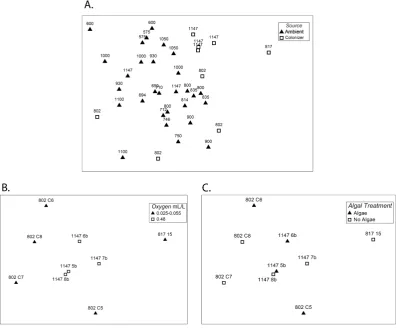 Fig. 7. Multidimensional scaling plot for metazoan macrofaunal community composition comparingand colonizers (open symbols), ANOSIM:triangle) stations, ANOSIM:(open symbols), ANOSIM: (A) ambient fauna (closed symbols) R = 0.263, p = 0.002; (B) tray colonizers in high oxygen (open square) and low oxygen (closed R = 0.500, p = 0.024; and (C) trays with labeled phytodetritus (closed symbols) and without phytodetritus R = −0.084, p = 0.81.
