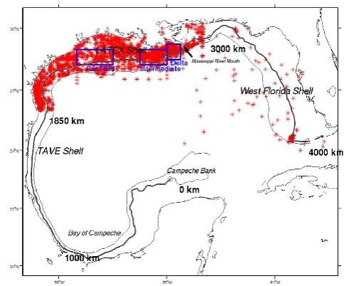 Fig. 1. The SABGOM ROMS model domain overlaid with waterdepth (color-shading), location of 13 tidal stations (black triangles),and a schematic circulation pattern.