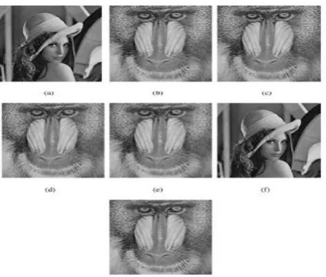 Figure 8. An example of the (4,4)-threshold case with  reversible steganography. (a) The secret image, (b) stego image S1, PSNR = 37.91 dB, (c) stego image S2, PSNR = 37.90 dB, (d) stego image S3, PSNR = 37.91 dB, (e) stego image S4, PSNR = 37.92 dB, (f) l