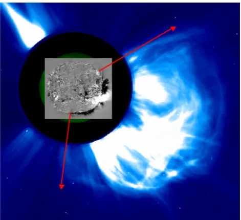 Fig. 2. CME on the 4 November 2003 (EIT and LASCO/C2: sametimes as in Fig. 1). Showing how the spatial extent of dimmingin the low corona approximately matches the angular width of theCME