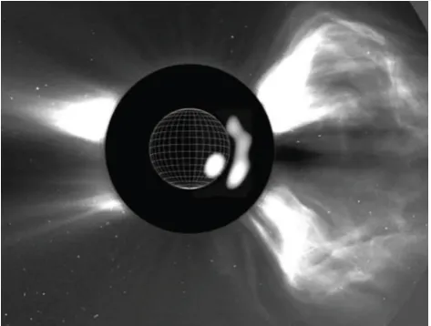 Fig. 4. From Pohjolainen et al. (2001) on 2 May 1998 CME event.EIT difference image showing coronal dimming (black regions)overlaid with 236 MHz Nancay Radio Telescope (NRT) movingcontinuum radio source isocontours.Note how well the non-thermal radio emission matches the location where the dimmingssubsequently appear (EIT difference image: 14:10–13:41 UT; NRT236 MHz contours: 13:48:21 UT).