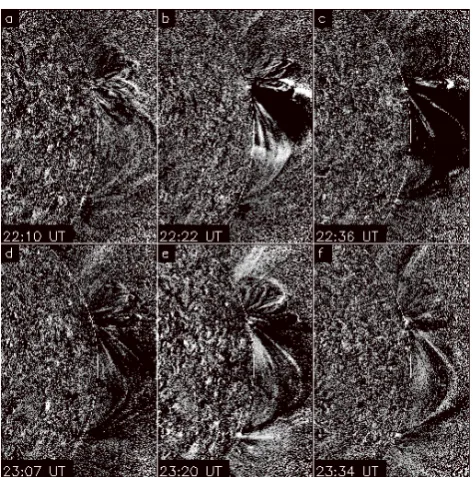 Fig. 7.From Glover et al. (2003) showing how low-coronaldimming evolves and spreads due to the involvement of a trans-equatorial loop system (TEL) in the CME process on 29 May 1998.EIT 195 A difference images show that a dimming appears ﬁrst˚around the ﬂar