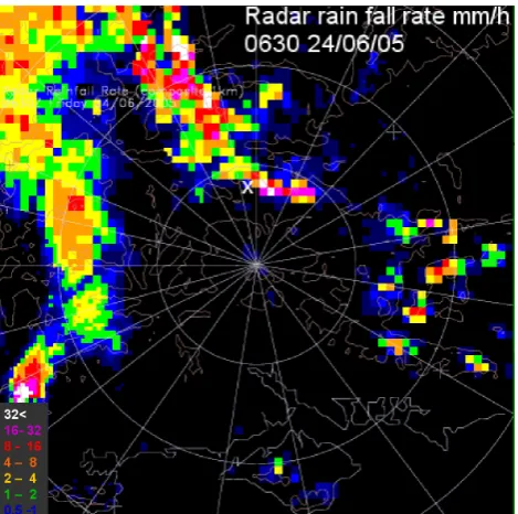 Fig. 3c. Composite weather radar rainfall for the 24 June 2005at 06:45 UTC. The white cross indicate Linkenholt site