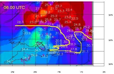 Fig. 3e. GPS integrated water vapour processed by the Met Of-of air with less than 30 kg mﬁce/University of Nottingham system, 24 June 2005, 06:00 UTC.Contours for values of IWV in kg m−2